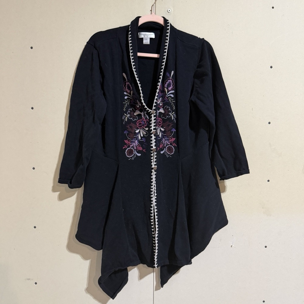 Christopher Banks Embroidered Cardigan XL Fairy Black Asymmetrical Boho Festival